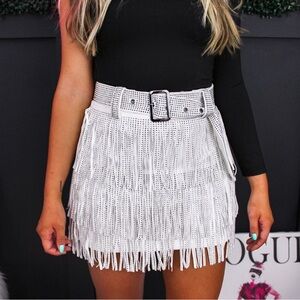White Fringe Mini Skirt with Belt